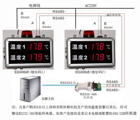 雙溫度報(bào)警記錄儀接線圖
